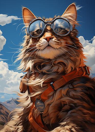 brown tabby cat sitting with blue sunglasses, white brown panoranic background, in the style of monochromatic realism, scientific illustrations, kerem beyit, glassy translucence, eye-catching composition, digital art techniques, ricoh ff-9d --ar 93:128 --s 750