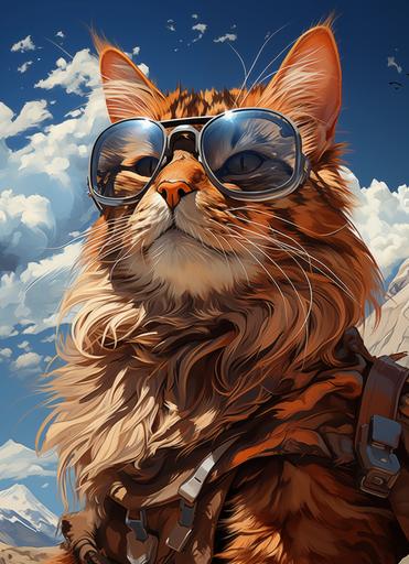 brown tabby cat sitting with blue sunglasses, white brown panoranic background, in the style of monochromatic realism, scientific illustrations, kerem beyit, glassy translucence, eye-catching composition, digital art techniques, ricoh ff-9d --ar 93:128 --s 750