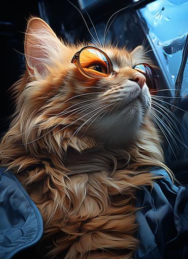 orange tabby cat sitting with blue sunglasses is wearing a portrait, in the style of monochromatic realism, scientific illustrations, kerem beyit, glassy translucence, eye-catching composition, digital art techniques, ricoh ff-9d --ar 93:128 --s 750