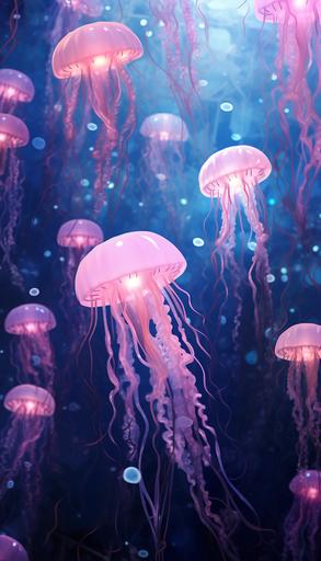 pink jellyfish on a background, in the style of cartoon-like figures, caninecore, wallpaper, ben wooten, animation, elongated, azure --ar 73:128