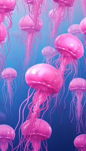pink jellyfish on a background, in the style of cartoon-like figures, caninecore, wallpaper, ben wooten, animation, elongated, azure --ar 73:128