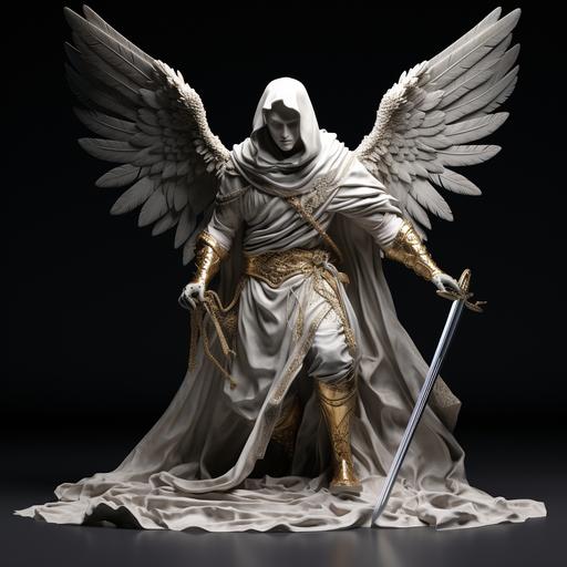 fabric hooded arch angel with wings standing, resting hands on sword handle, sword standing upright pointed into ground, 4k realism, side-front view from the waist up