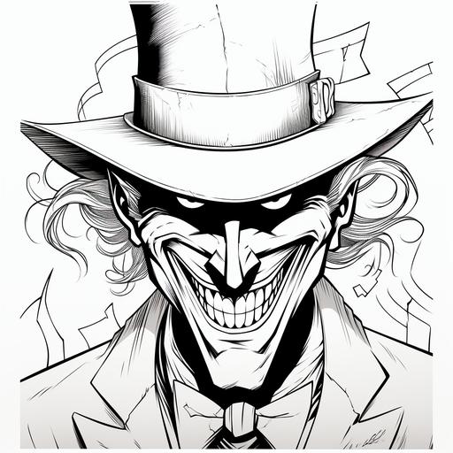 face joker with hat comic Marvel style coloring page --q 2 --s 250