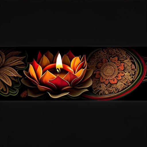facebook cover for indian asian cultural, spiritual, candle in the middle, blooming lotus, orange, black, dark red, green, white theme