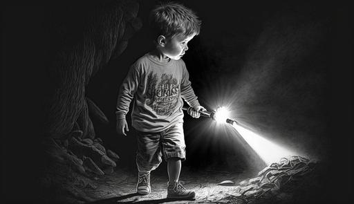 facing fears, darkness, courage, bravery, imagination, outdoor play, curiosity, learning, challenges, heroes, cartoons, flashlight, shadows, familiar things, finding courage, self-discovery, overcoming fears, discovering wonders, drawing, --ar 16:9