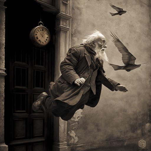 facing sky levitating victorian old man , 2 feet off ground, floating in alley horizontal orientation, side view, 12 melting clocks with wings, historical image, sepia, vintage, old europe, high detail, 8k, with, alpha brush for 3d brush,displacement, grey