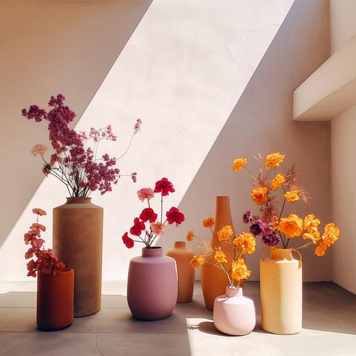 Big artistic flower arrangement designed by Luis Barragan / flowers representing the colors and expression of his work / with cempasuchil mexican flower / minimalistic natural matte clay vases / with a minimalistic architectural background and natural light