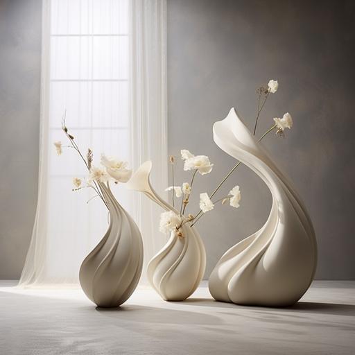 Big artistic flower arrangement designed by architect Zaha Hadid / flowers representing the materials and expression of her work / minimalistic natural matte clay vases / with a minimalistic architectural background and natural light.