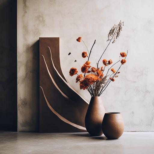 Big artistic flower arrangement designed by architect Frida Escobedo / flowers representing the materials and expression of her work / minimalistic natural matte clay vases / with a minimalistic architectural background and natural light.