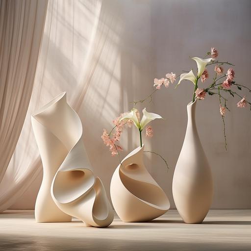 Big artistic flower arrangement designed by architect Zaha Hadid / flowers representing the materials and expression of her work / minimalistic natural matte clay vases / with a minimalistic architectural background and natural light.