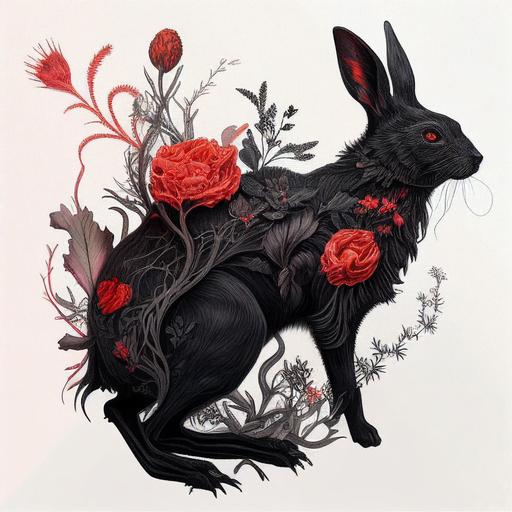 photorealistic, highly detailed, full body black rabbit from the side,red letter sigils, occult symbols, spiderwebs, flowers, quartz crystals, surreal, embroidery, red ribbon, peach pink, botanical tattoo, white background