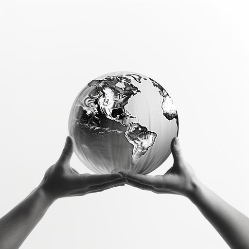 fair world logo of the earth in the palm of 4 hands, holding the globe up, black and white, with white background, hyper realistic, hd, 4k