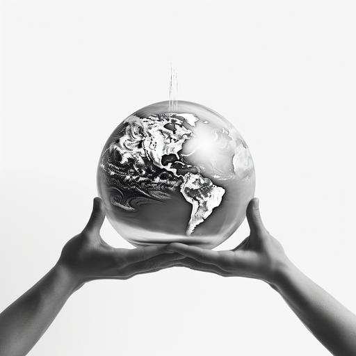 fair world logo of the earth in the palm of 4 hands, holding the globe up, black and white, with white background, hyper realistic, hd, 4k
