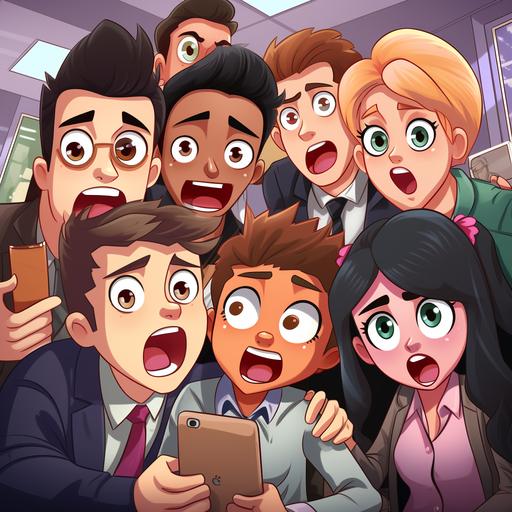 fairtale a simphony bunch of tired Generation Z employees with not motivation and sad expressions sit in a corporate office, screaming holding smartphones . LGBTQ , interracial. kawaii cartoon style --s 750 --q 2 --v 5.2