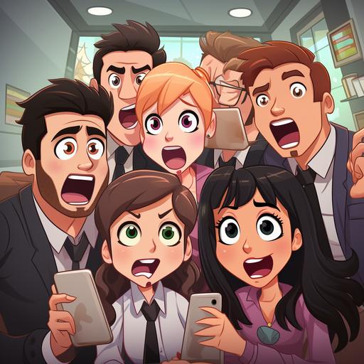 fairtale a simphony bunch of tired Generation Z employees with not motivation and sad expressions sit in a corporate office, screaming holding smartphones . LGBTQ , interracial. kawaii cartoon style --s 750 --q 2 --v 5.2