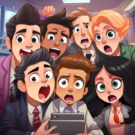 fairtale a simphony bunch of tired Generation Z employees with not motivation and sad expressions sit in a corporate office, screaming holding smartphones . LGBTQ , interracial. kawaii cartoon style --s 750 --q 2 --v 5.2