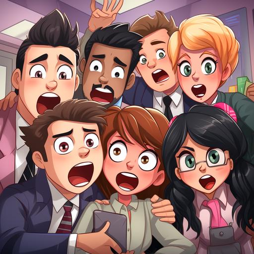 fairtale a simphony bunch of tired Generation Z employees with not motivation and sad expressions sit in a corporate office, screaming holding smartphones . LGBTQ , interracial. kawaii cartoon style --s 750 --q 2 --v 5.2