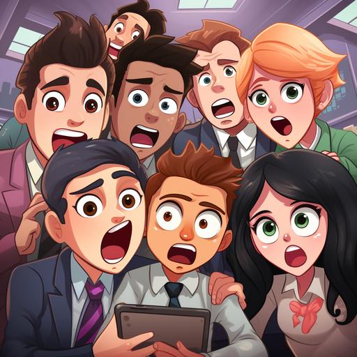 fairtale a simphony bunch of tired Generation Z employees with not motivation and sad expressions sit in a corporate office, screaming holding smartphones . LGBTQ , interracial. kawaii cartoon style --s 750 --q 2 --v 5.2