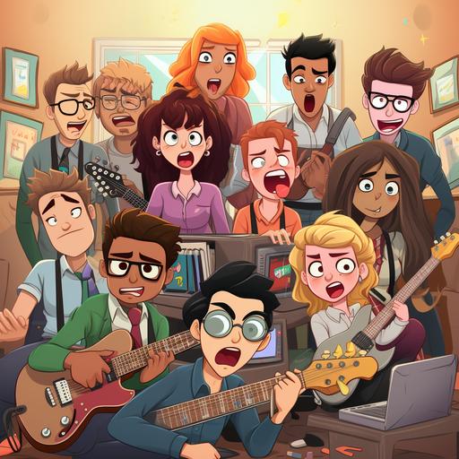 fairtale a simphony bunch of tired Generation Z employees with not motivation and sad expressions sit in a corporate office, holding a musical instruments, some are screaming in the front of smartphones in hand. LGBTQ , interracial. kawaii cartoon style --s 750 --q 2 --v 5.2