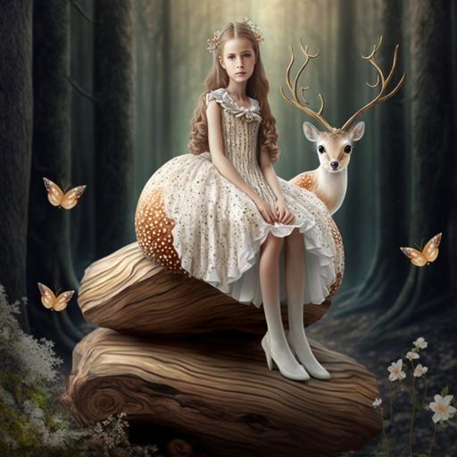 fairy beauty in white sparkly ornate dress. Sitting on a wooden stump. Background magical forest with large mushrooms and roe deer ar--3:4