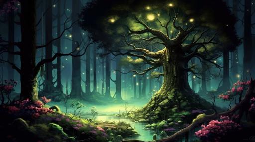 fairy forest wallpaper, in the style of miniature illumination, lush green jungle, spectacular backdrops, in the style of detailed nature depictions, luminous atmosphere, green and brown, clear and sharp inking, neo noir comic, neon realism, clean snd sharp lines --ar 91:51