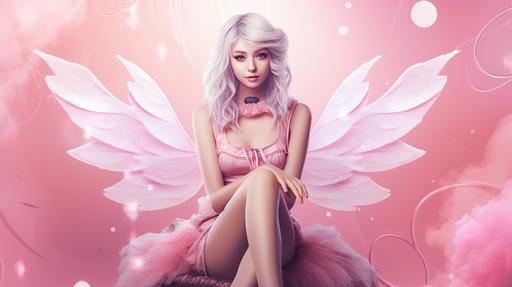 fairy girl sitting on a pink cloud twitch banner background --ar 16:9