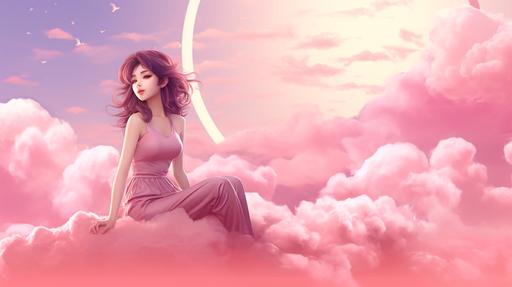 fairy girl sitting on a pink cloud twitch banner background --ar 16:9