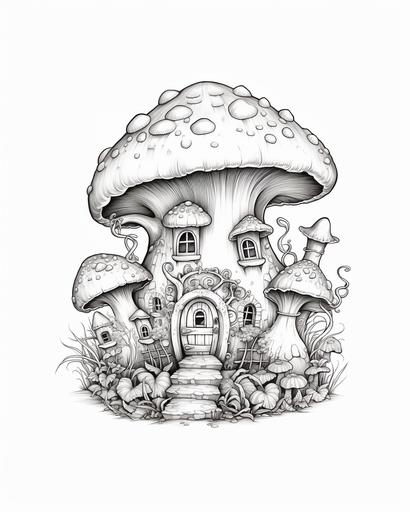 fairy home, coloring book for adults, thick lines, black and white, monochrome, no too dense blacks, no shading --ar 4:5 --s 50