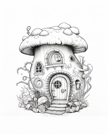 fairy home, coloring book for adults, thick lines, black and white, monochrome, no too dense blacks, no shading --ar 4:5 --s 50