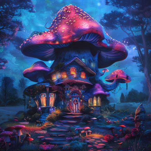 fairy house mushroom wallpaper free, fairy mushrooms desktop wallpaper / desktop wallpaper fairy mushrooms, in the style of dark sky-blue and pink, neon realism, detailed painting, grandeur of scale, luminous atmosphere, flowerpunk, colorful cartoon--ar 70:89--s 750--v 5.1