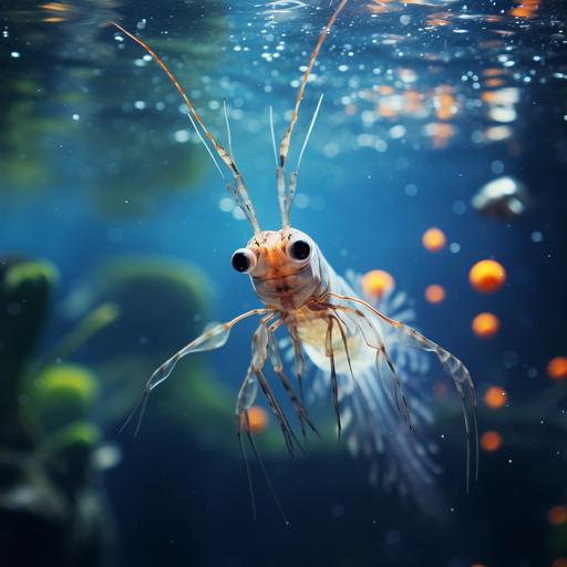 fairy shrimp swimming upside down in water. Photorealistic and cinematic