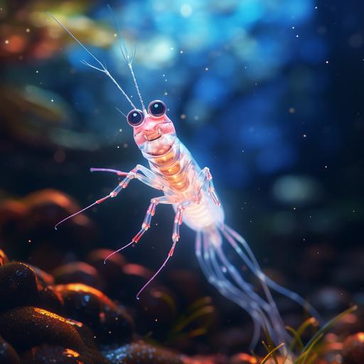fairy shrimp swimming upside down in water. Photorealistic and cinematic