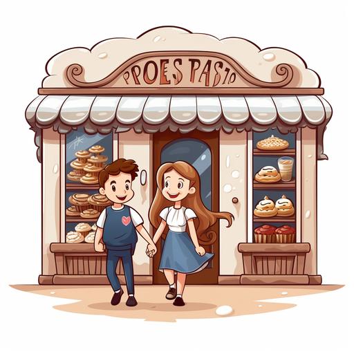 fairy tale, boy and girl walking by the bakery, cartoon, pixar style, white background --v 5.2