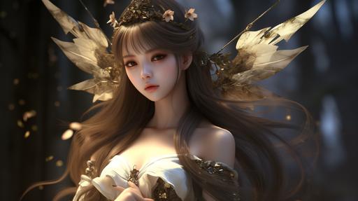 fairy wallpaper anime girl wallpaper, in the style of dark white and dark bronze, meticulous realism, machine aesthetics, unreal engine 5, distinctive noses, hyper-realistic oil, traditional chinese --ar 16:9