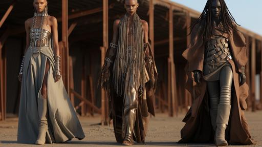fall 2024 collection of corrugated metal luxury wear, haute couture, photography in the style of Mad Max and Rick Owens, spikes, chains, metal apparel, cyan and rusty patina, 4k still --ar 16:9 --v 5.2