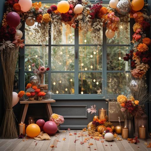 fall floral photography backdrop with birthday decors, window, string lights 5k image