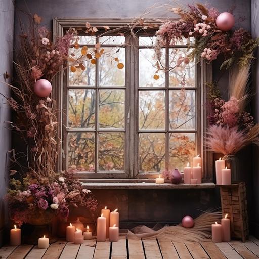 fall floral photography backdrop with birthday decors, pink window, string lights 5k image
