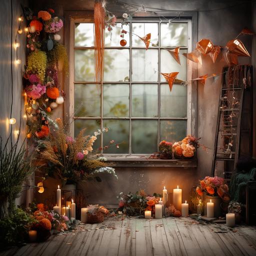 fall floral photography backdrop with birthday decors, window, string lights 5k image