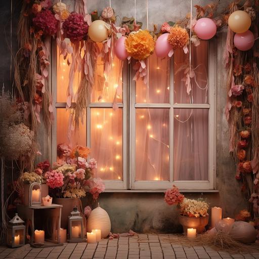 fall floral photography backdrop with birthday decors, pink window, string lights 5k image