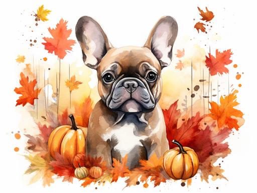 fall scene with a cute fawn colored french bulldog surrounded by fall leaves, pumpkins, berries, acorns and cinnamon sticks in a watercolor style with splashes of fall colors on white background --ar 4:3