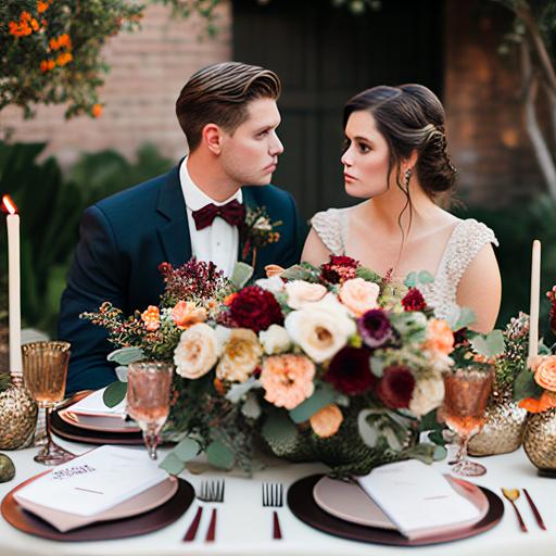 fall wedding table of a young couple, Dynamic head table with a mix of accent arrangements in bud vases, longer florals in low vessels with draping greenery, and ikebana inspired arrangements styled down the long tables Whimsical, natural, garden inspired, some arrangements more minimal in composition and some fuller Based in greenery and blooms Possible blooms types include blush astilbe, champagne carnations, white delphinium, pink scabiosa, terracotta amanrathus, white hydrangea, white lilac, peach Juliette garden roses and white delphinium with a few terracotta anthurium, blush (or white) orchids and coral charm peonies as the focal point