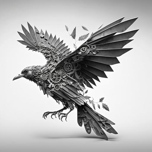 falling bird, bird skeleton, Black and White, gears, biomechanics, tattoo, mechanical