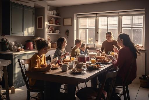 family eating breakfast in the kitchen family home stock photos and royaltyfree pictures, in the style of uhd image, emotionally complex, light maroon and gold, english countryside, photo taken with provia, babycore, highly staged scenes --ar 76:51 --q 2 --upbeta --s 750 --v 5