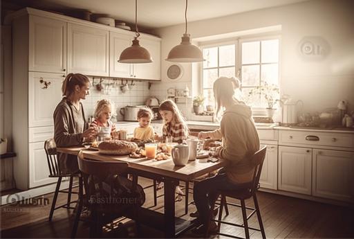 family eating breakfast in the kitchen family home stock photos and royaltyfree pictures, in the style of uhd image, emotionally complex, light maroon and gold, english countryside, photo taken with provia, babycore, highly staged scenes --ar 76:51 --q 2 --upbeta --s 750 --v 5