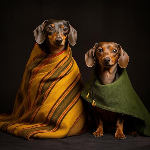family of light brown dachshund and boston tearrier dog wearing a poncho in tequila jalisco mexico as a background. photo-realistic. Photo taken by Mario Testino with Canon EOS-1D X Mark III and EF 70-200mm f/2.8L IS III USM lens, Award Winning Photography style, Studio and Ambient light , 8K, Ultra-HD