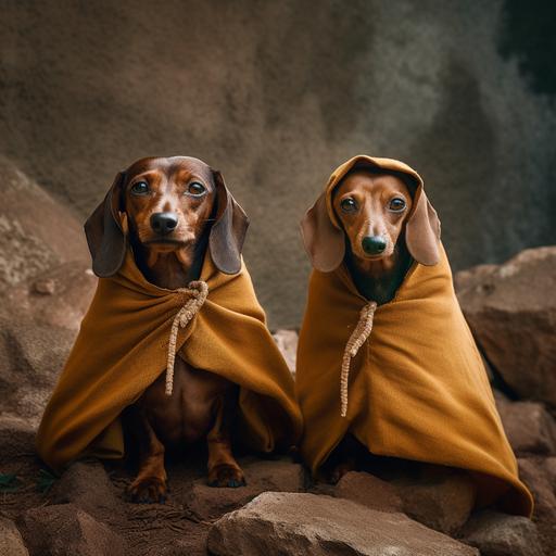 family of light brown dachshund and boston tearrier dog wearing a poncho in tequila jalisco mexico as a background. photo-realistic. Photo taken by Mario Testino with Canon EOS-1D X Mark III and EF 70-200mm f/2.8L IS III USM lens, Award Winning Photography style, Studio and Ambient light , 8K, Ultra-HD