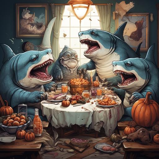 family of sharks eating dinner at a table, on the table is a full thanksgiving spread including turkey, cartoon style for shirt