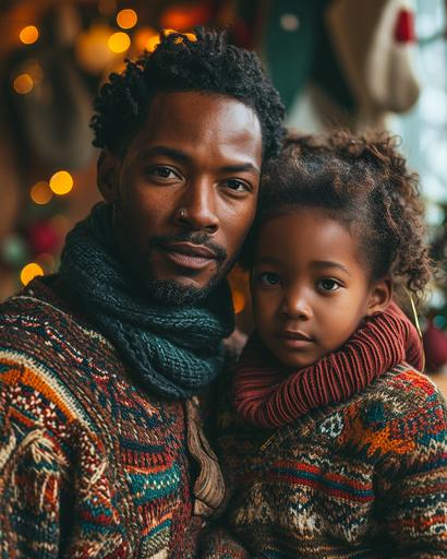 family photograph of ethnically diverse pair of muscular gay models (one blasian and one hapa) with their child embracing wearing bright ugly sweaters, Christmas lights in the background, --s 800 --c 8 --ar 4:5 --v 6.0