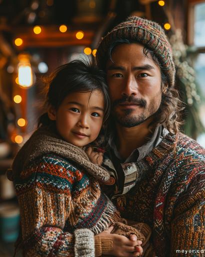 family photograph of ethnically diverse pair of muscular gay models (one blasian and one hapa) with their child embracing wearing bright ugly sweaters, Christmas lights in the background, --s 800 --c 8 --ar 4:5 --v 6.0