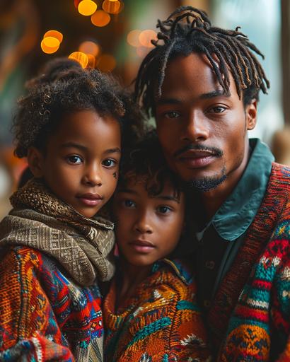 family photograph of ethnically diverse pair of muscular gay models (one blasian and one hapa) with their child embracing wearing bright ugly sweaters, Christmas lights in the background, --s 800 --c 8 --ar 4:5 --v 6.0